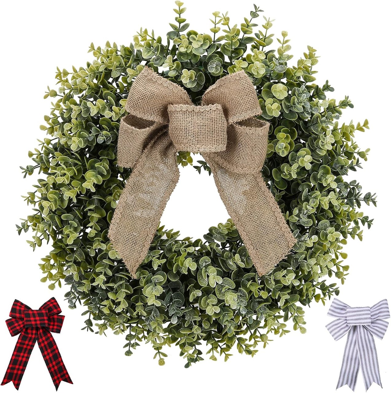 19" Artificial Boxwood Front Door Wreath – All-Season Green Wreath with 3 Interchangeable Bows for Spring, Summer, Fall & Winter Indoor/Outdoor Farmhouse Decor